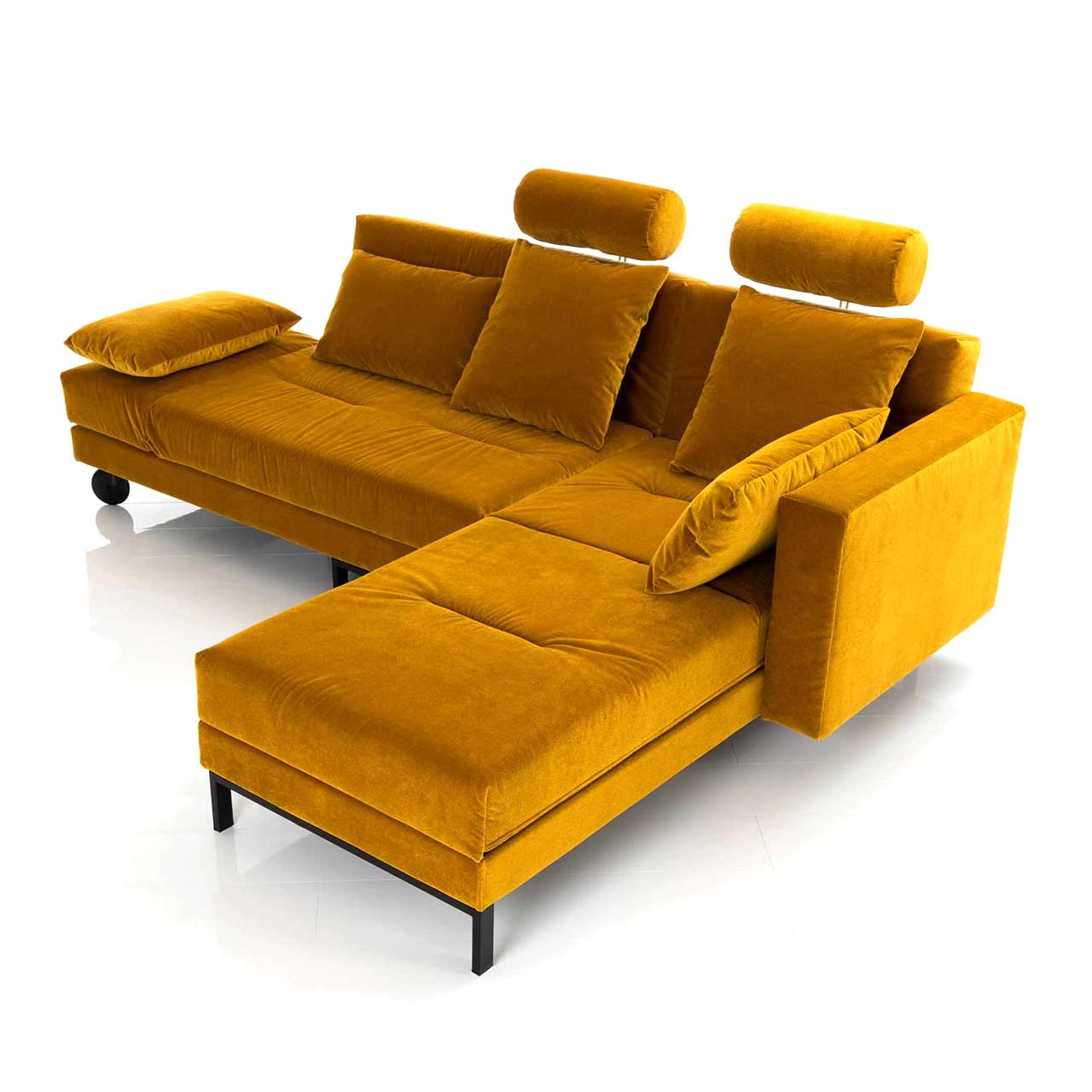 Eckgarnitur in gelbem Stoff mit schwenkbarem Longchair links.