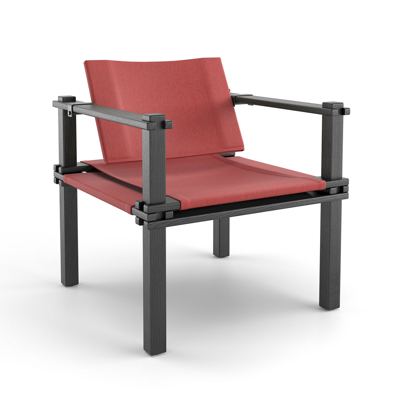 Stuhl mit schwarzem Holzgestell und rotem Stoffbezug