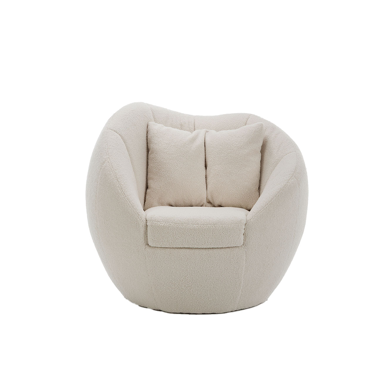 Frontansicht auf einen kugelförmigen Sessel in weißem Stoff. Der Rücken ist wellenförmig gestaltet. Auf dem Sofa liegt ein Kissen in passendem Stoff.