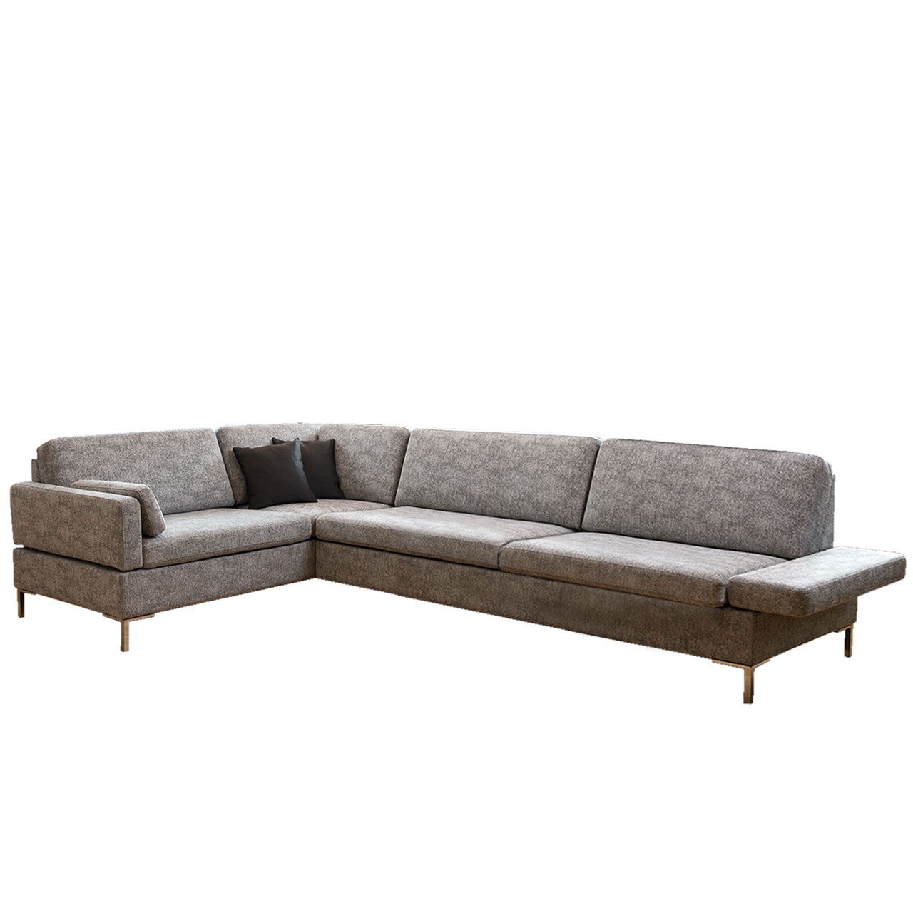 Braune Eckgarnitur mit Anstellsofa rechts und Eckanbausofa links.