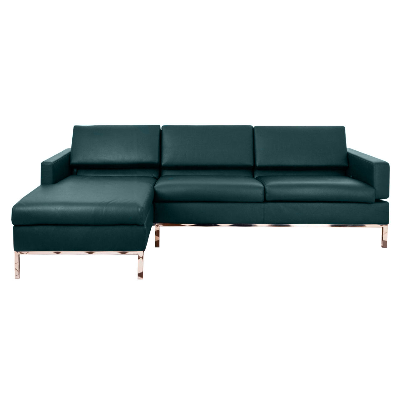 Grüne Ledergarnitur mit Longchair links und Anstellsofa rechts.