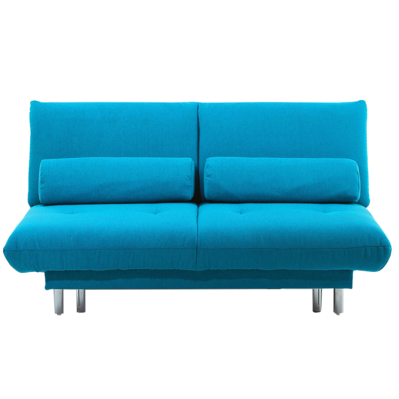 Frontansicht auf ein türkisfarbenes Sofa ohne Armlehnen. Das. Untergestell ist chrom matt. Die schmalen, langen Rückenkissen sind in demselben türkis. 