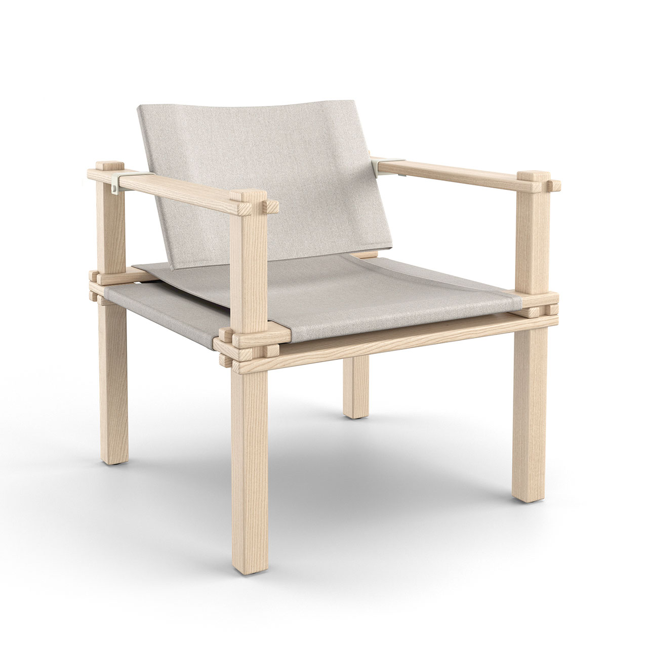 Stuhl mit Gestell aus hellem Holz und beigem Stoff-Sitz