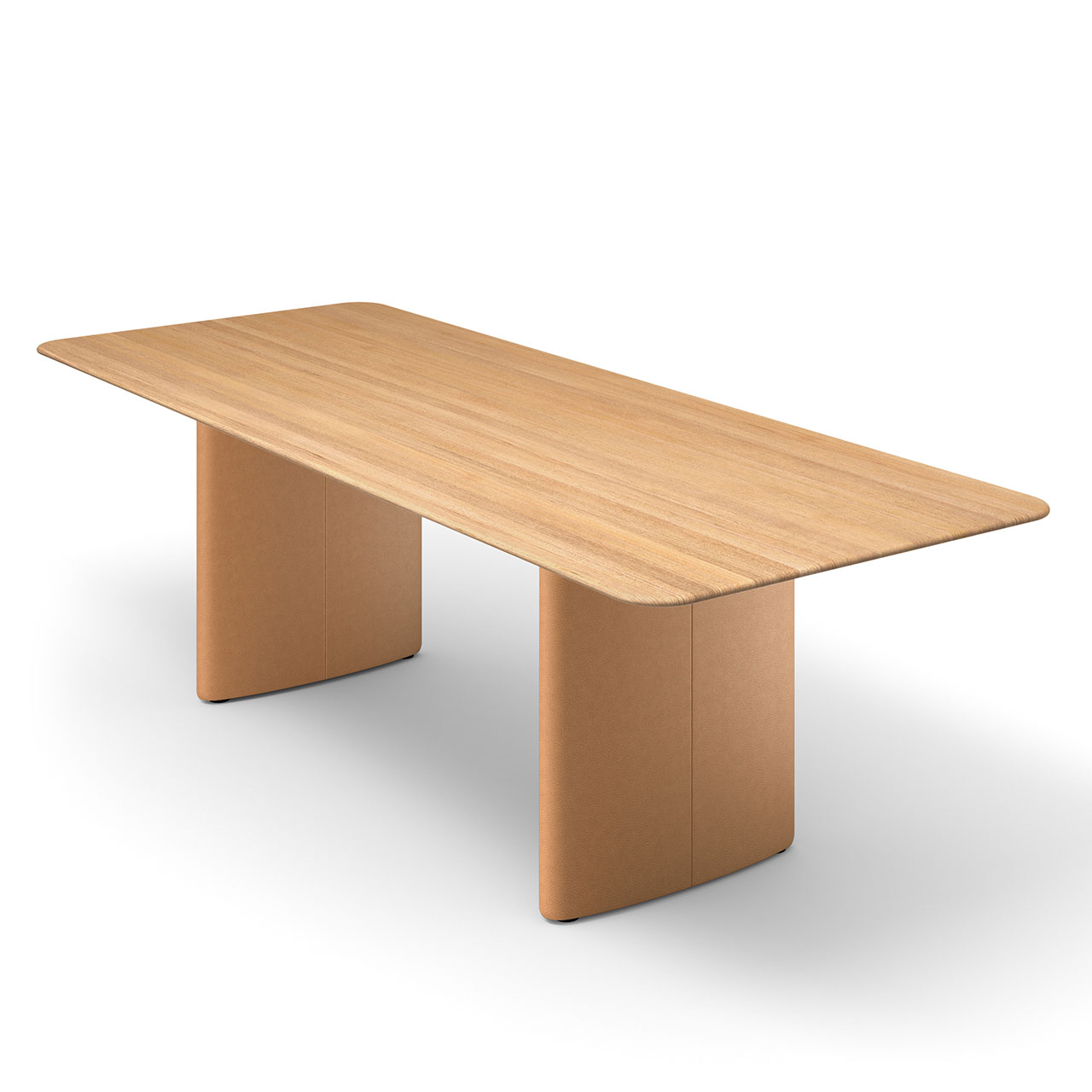 Esstisch mit Platte aus Holz und Wangen mit passendem Leder bezogen.