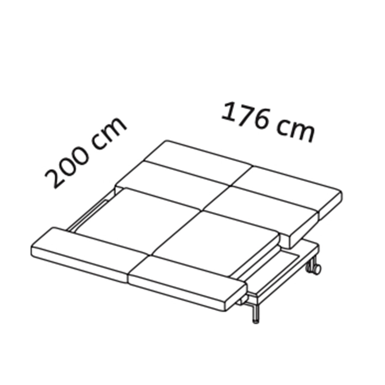 Maßzeichnung für das zur Liegefläche ausgeklappte Bettsofa fold out 72215.