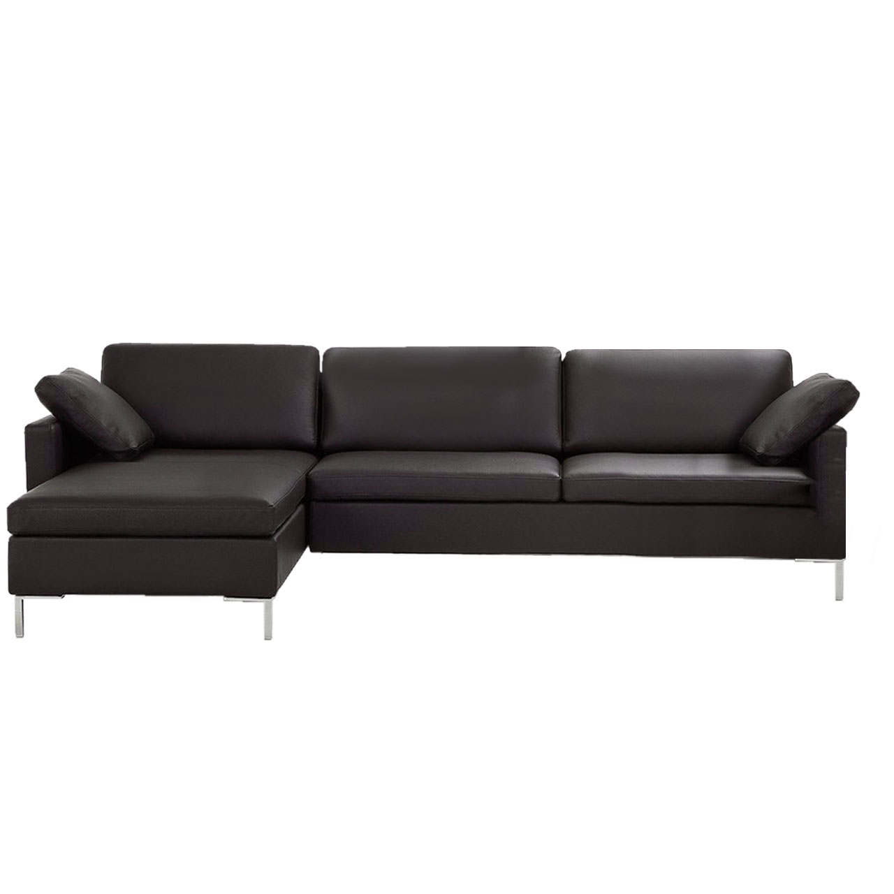 Schwarze Eckgarnitur in Leder mit Longchair links und Anstellsofa rechts.