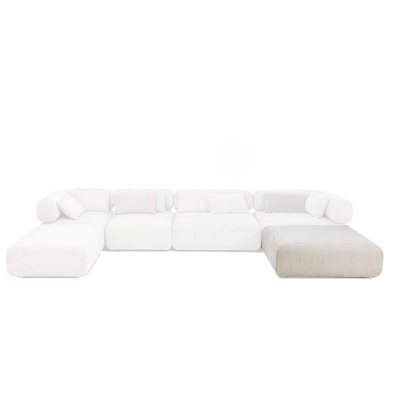 U-förmige beige Sitzgarnitur der Serie all together. Der Hocker vorne rechts wurde farblich hervorgehoben.