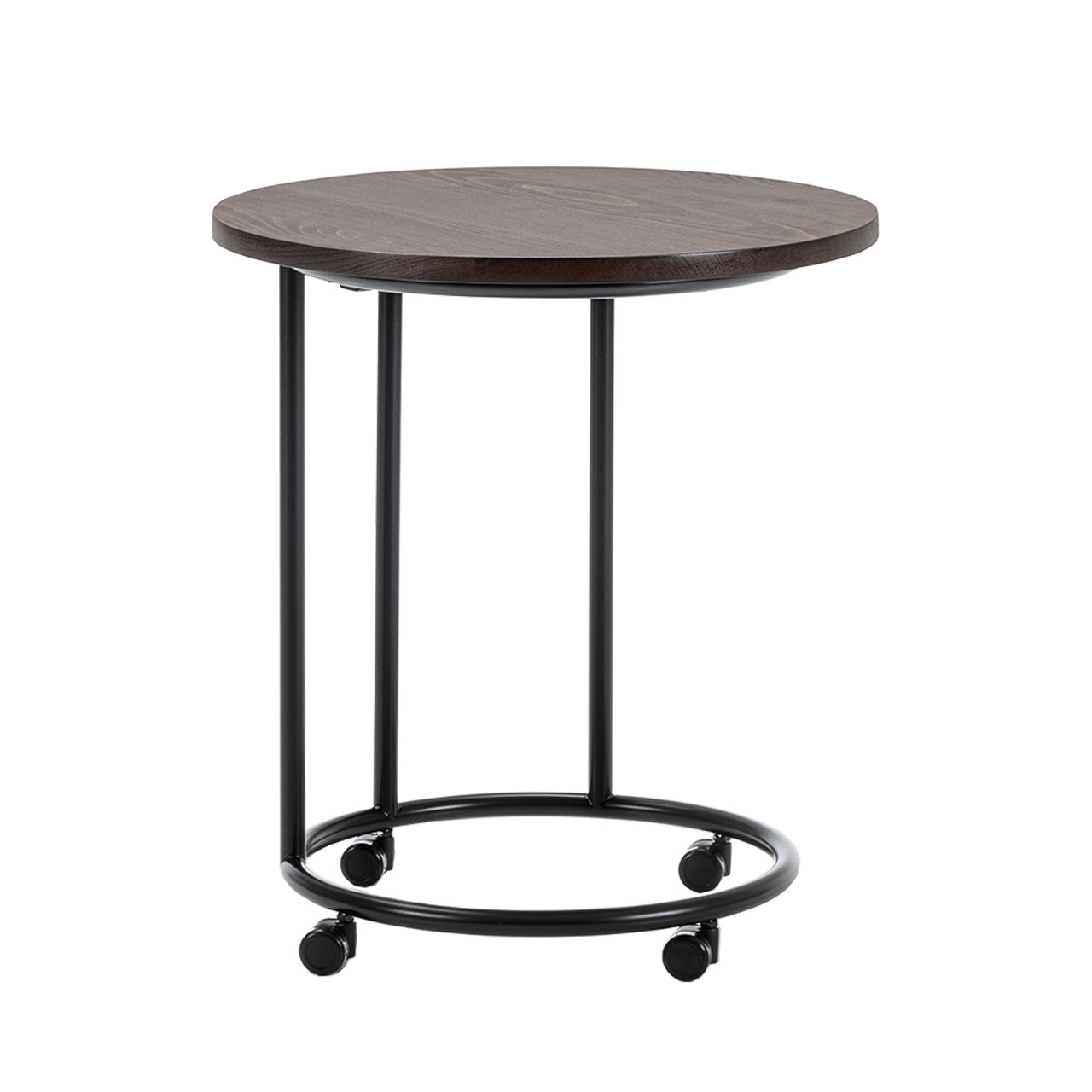 Runder Beistelltisch mit Rollen der Serie brühl magnolia mit schwarz gebeizter Tischplatte und einem schwarzen Untergestell mit vier Rollen.