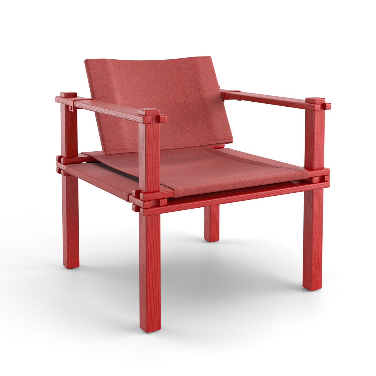 Stuhl mit rotem Holzgestell und rotem Stoffbezug