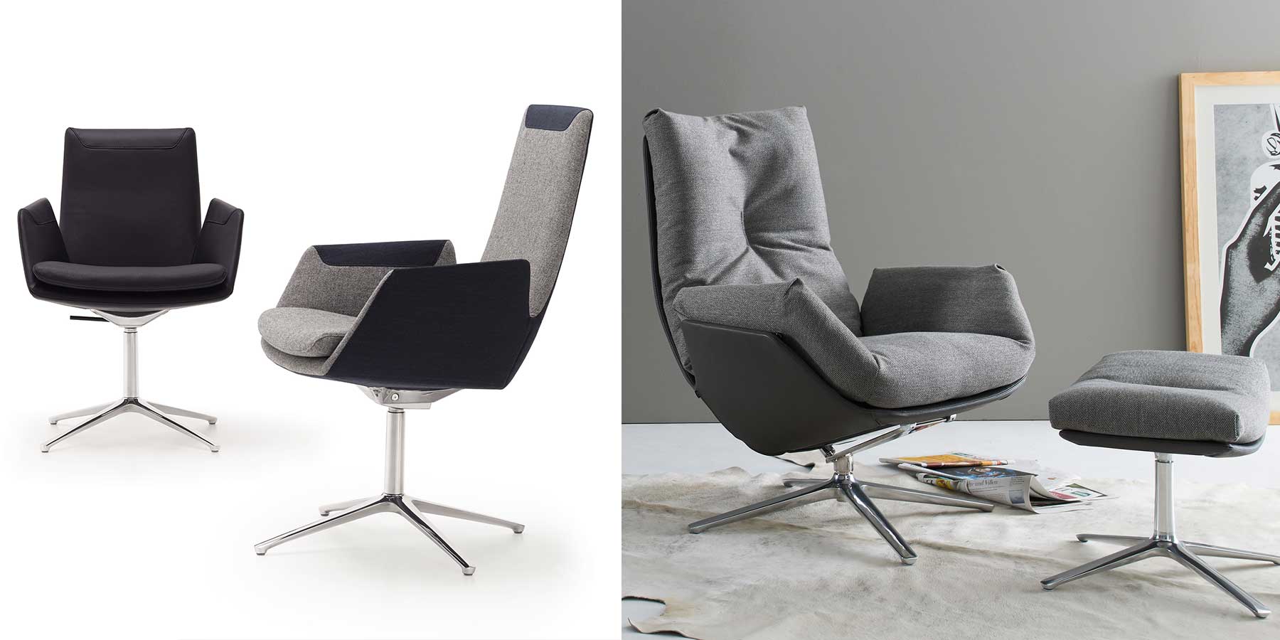 Links zwei Cordia Stühle mit niedriger und hoher Lehne, rechts bequemer Relaxsessel mit Hocker