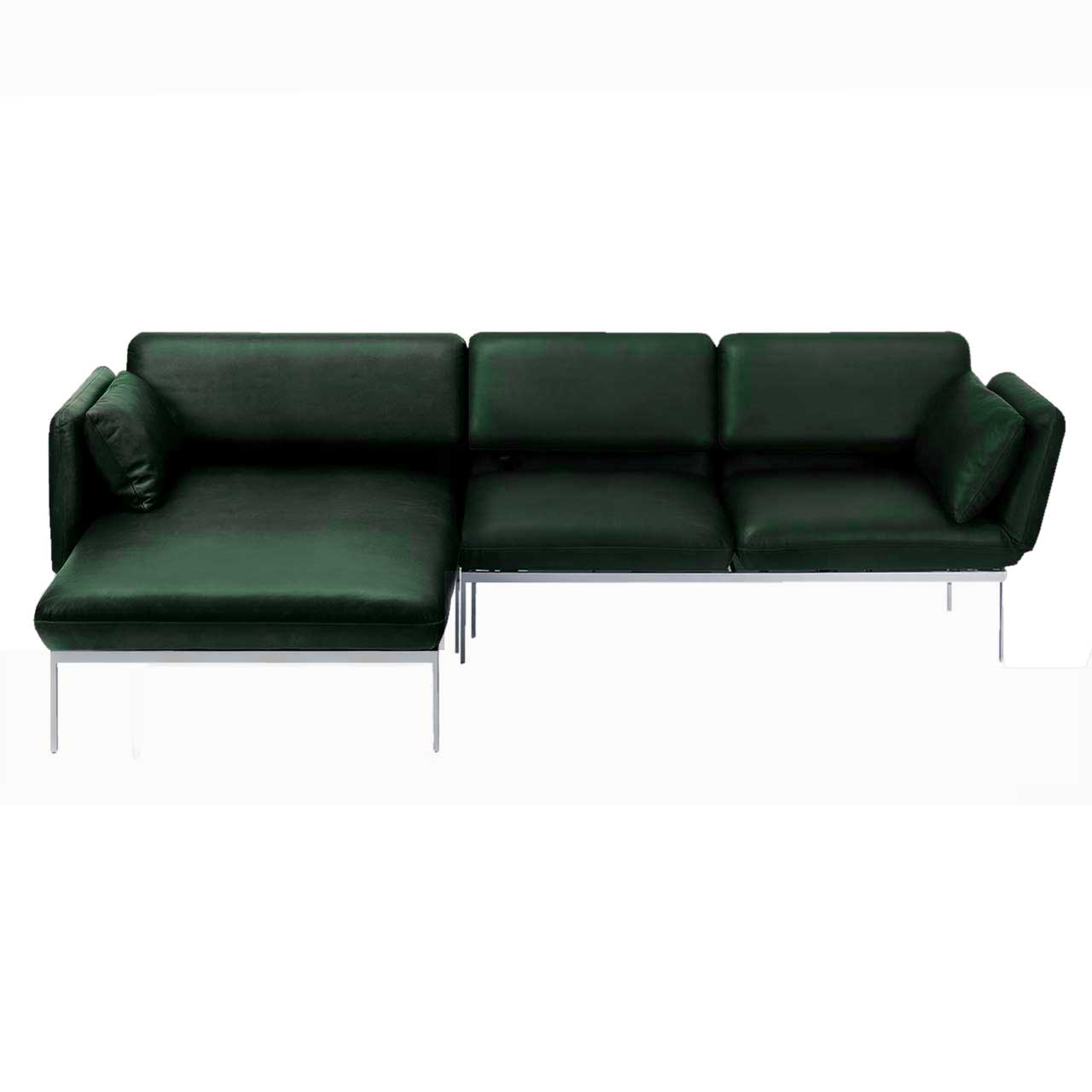 Kombination aus Longchair links und Anstellsofa rechts der Serie roro medium classic in grünem Leder.