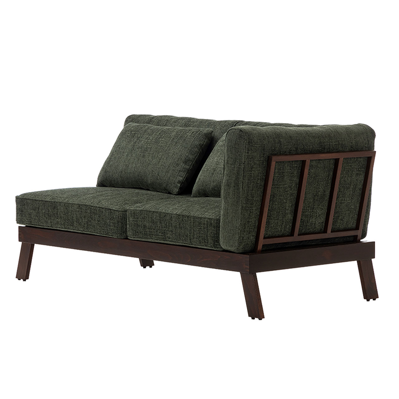 Openend der Serie brühl lofoten pure. Das Untergestell ist in dunkler Eiche. Die Polster sind dunkelgrün bezogen. Die Rückenpolster liegen nur auf, weswegen das Untergestell, ebenfalls aus Holz, zu sehen ist.