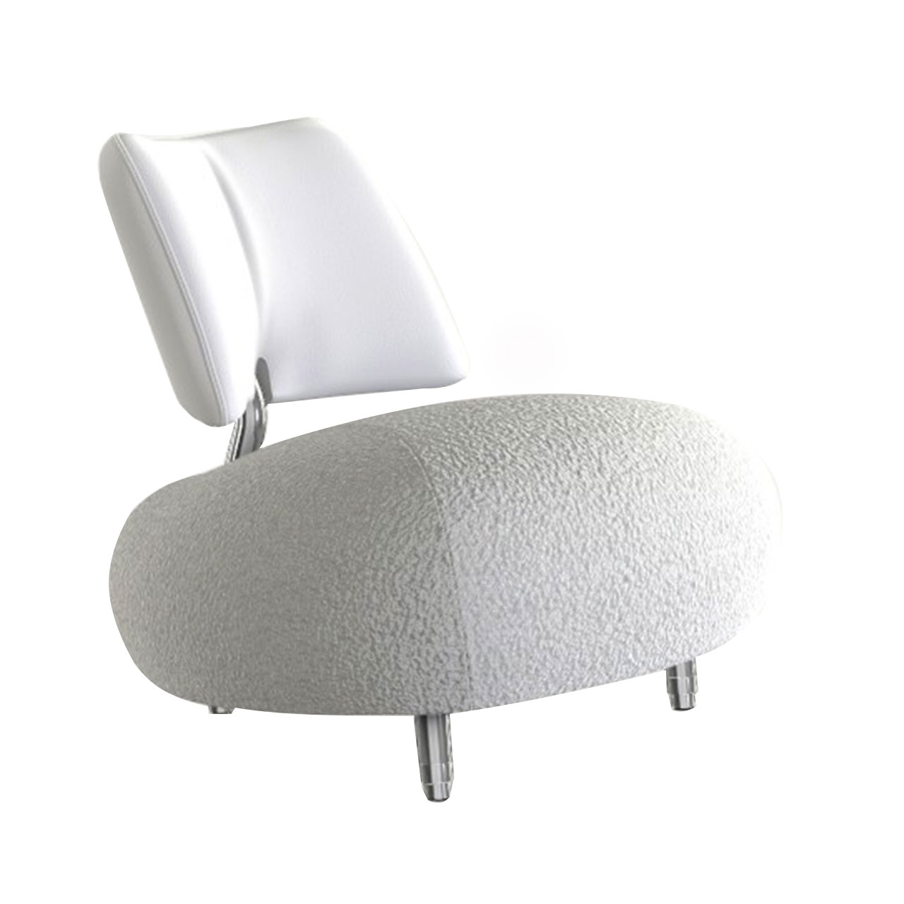 Futuristischer Sessel in Weiß, der Sitz aus flauschigem Stoff und die Lehne aus Leder.
