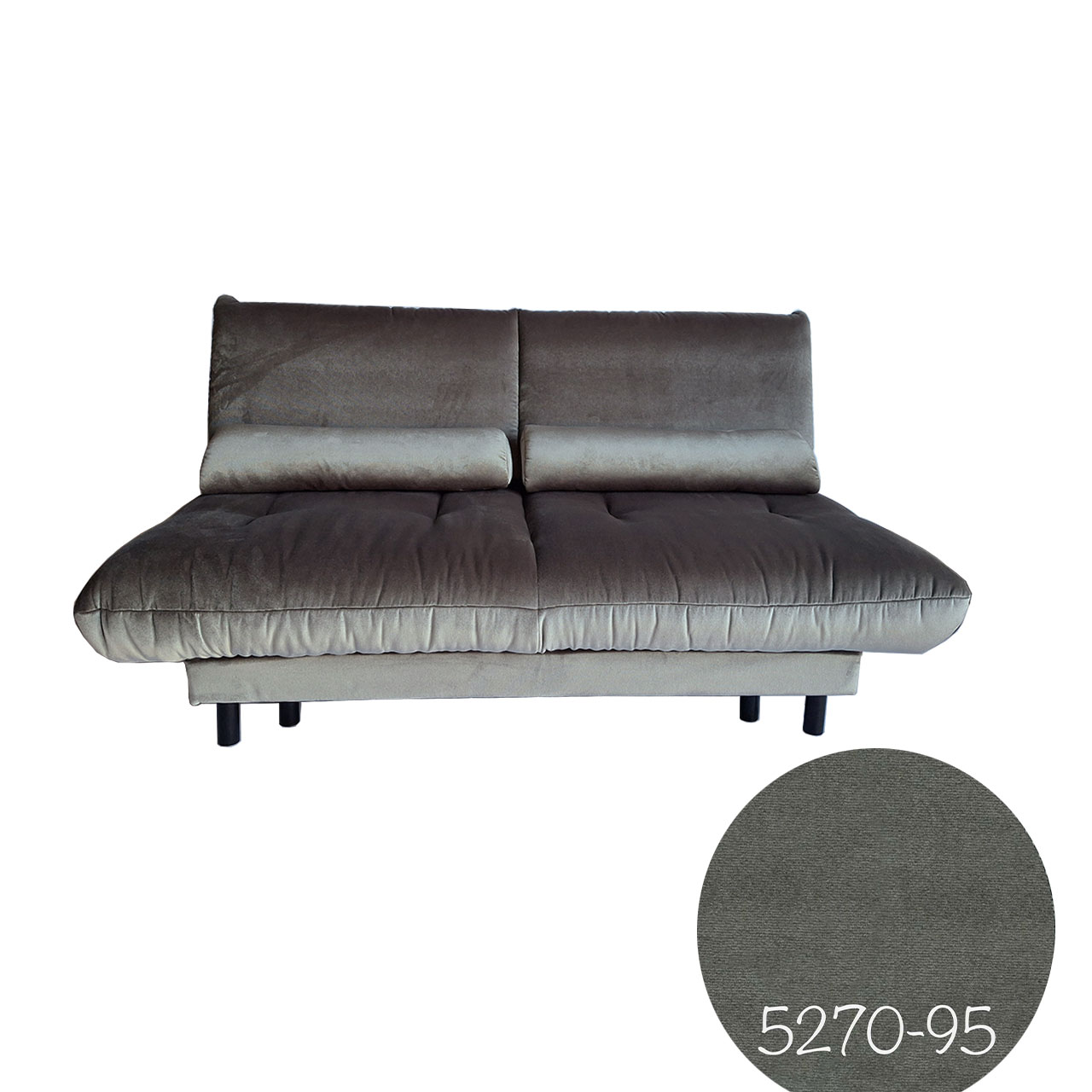 Schlafsofa von brühl in grauem Velourstoff mit zwei schmalen Kissen.