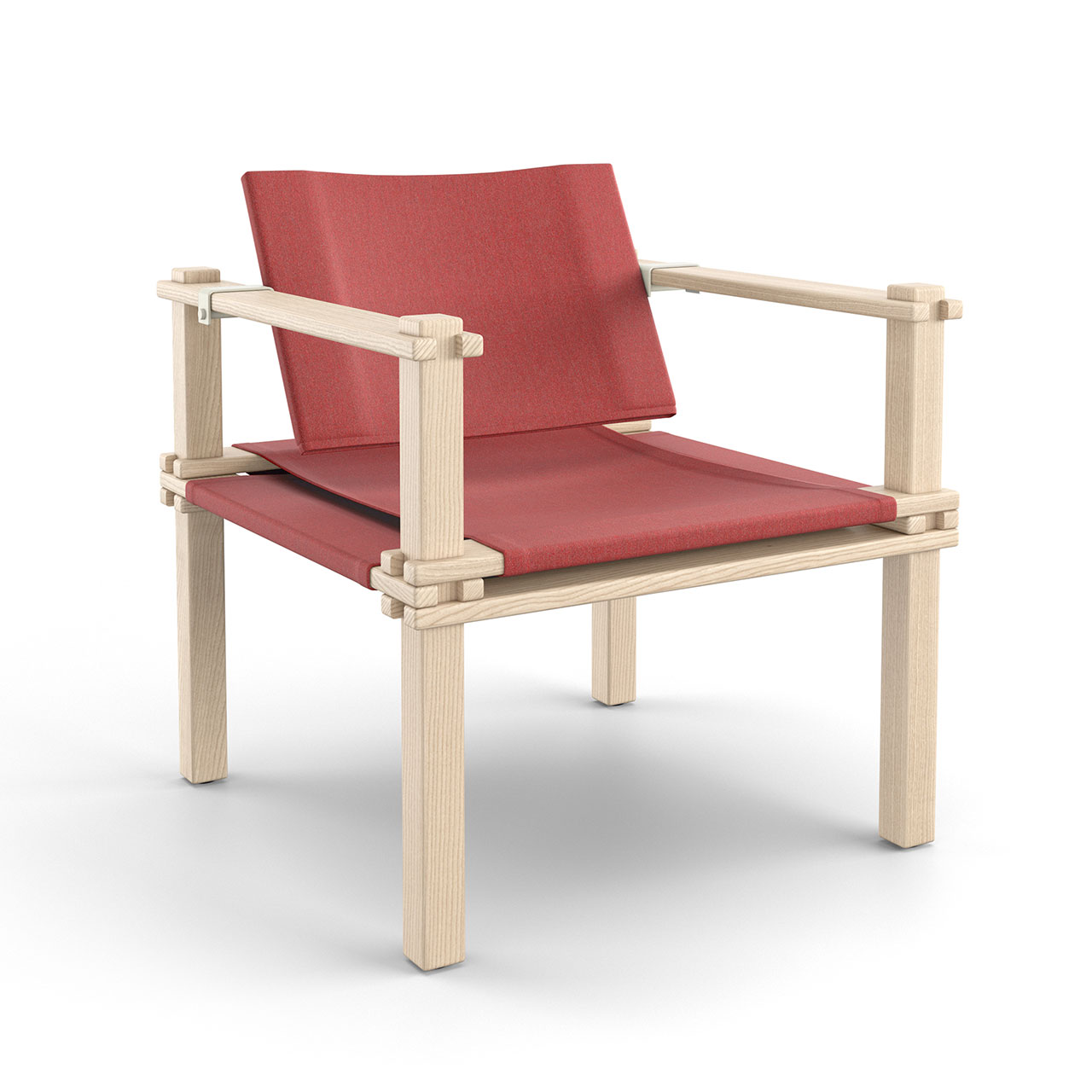 Stuhl mit hellem Holzgestell und rotem Stoff-Sitz