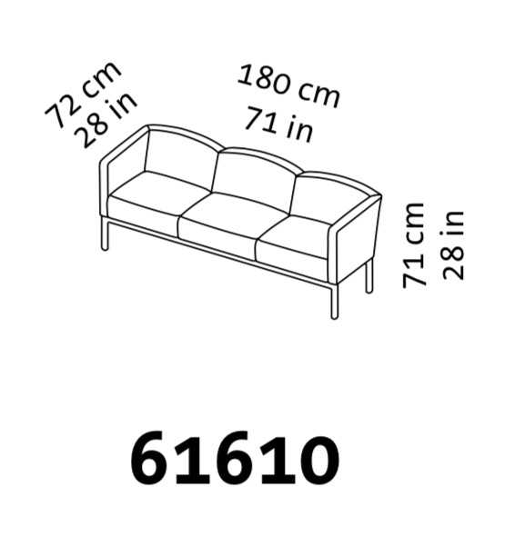 Maßzeichnung eines dreisitzigen Sofas mit zwei Armlehnen.