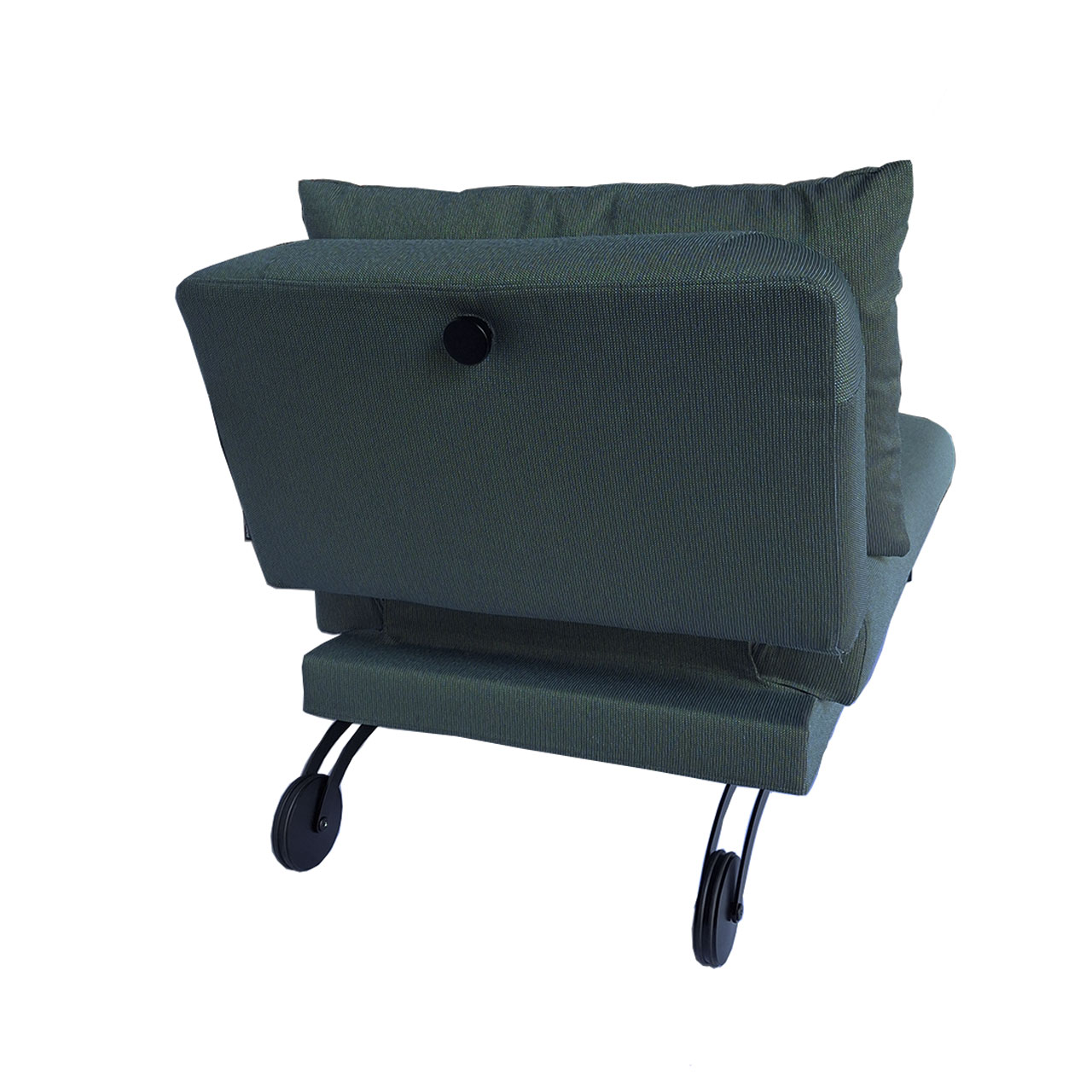 Rückansicht auf Recamiere der Serie tam von brühl in dunkelgrünem Stoff mit Schraubknopf an der Rückseite des Kopfteils zur Befestigung einer Kopfstütze.