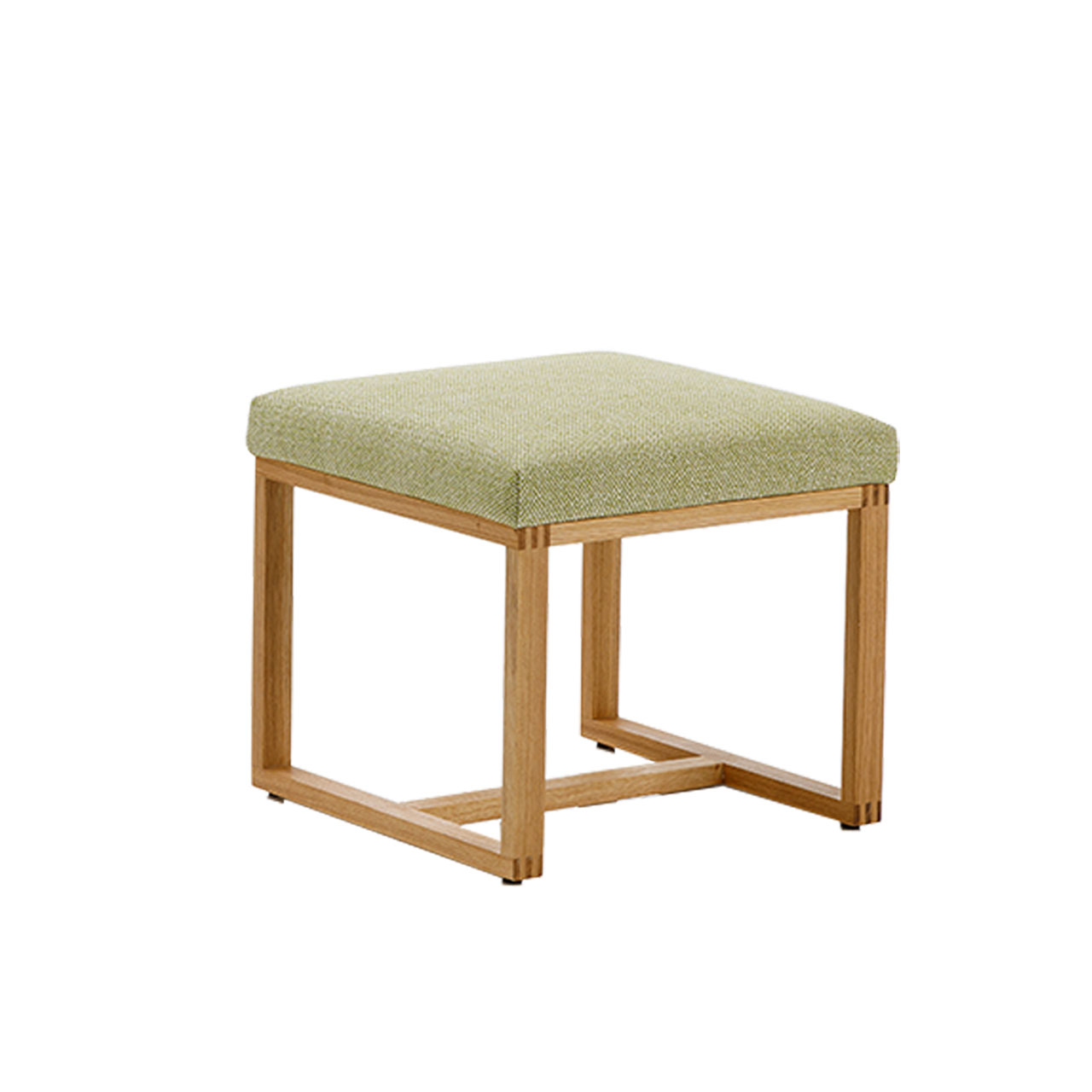 Hocker mit limettengrünem Stoffbezug. Das Untergestell ist aus einem warmen Holz.