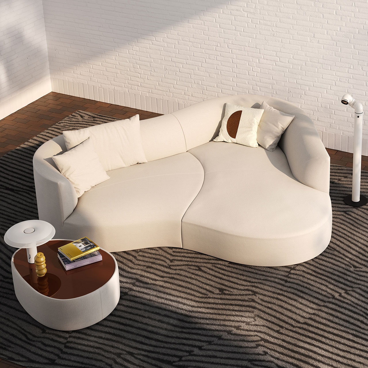 Gleiches Sofa von oben fotografiert mit Beistelltisch und Kissen in einem Wohnzimmer.