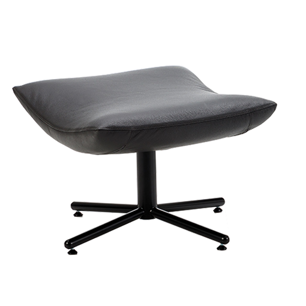 Schwarzer Lederhocker mit drehbarem Kreuzfuß in schwarz pulverbeschichtetem Metall.