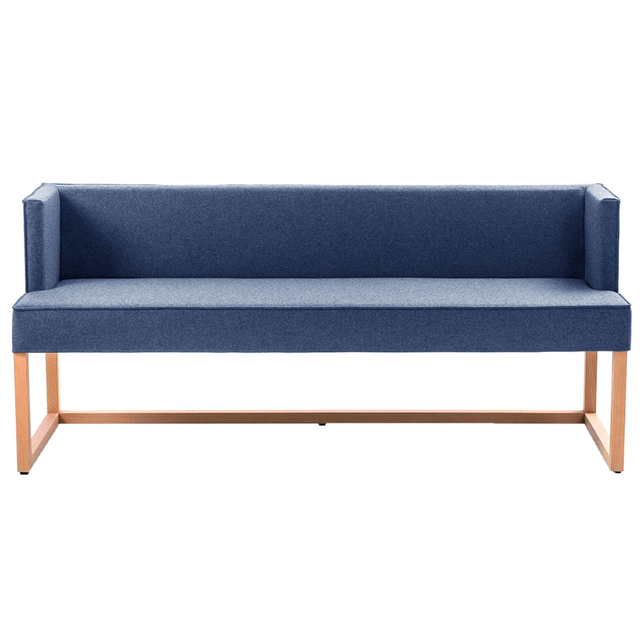 Blaue Polsterbank mit niedrigen, kurzen Seiten und niedriger Rückenlehne.