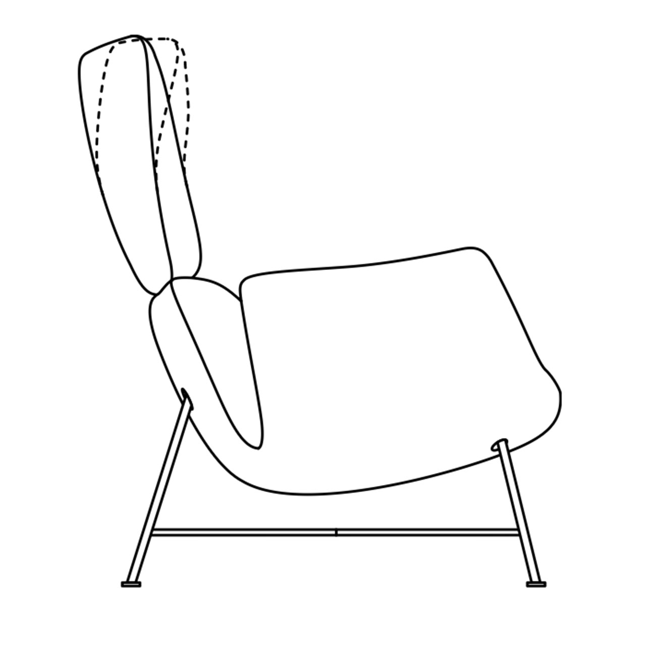 Skizze des Sessels mit Drahtgestell mit Skizzierung der Neigung des Kopfteils