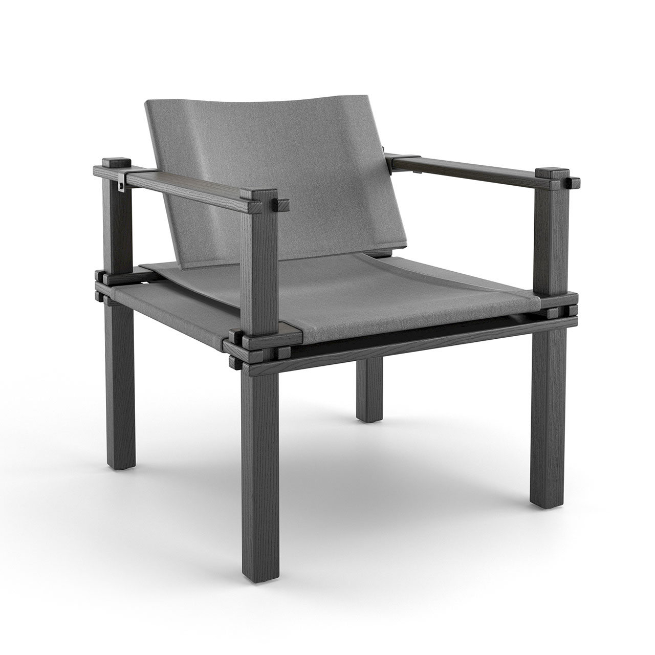 Stuhl mit schwarzem Holzgestell und grauem Stoffbezug