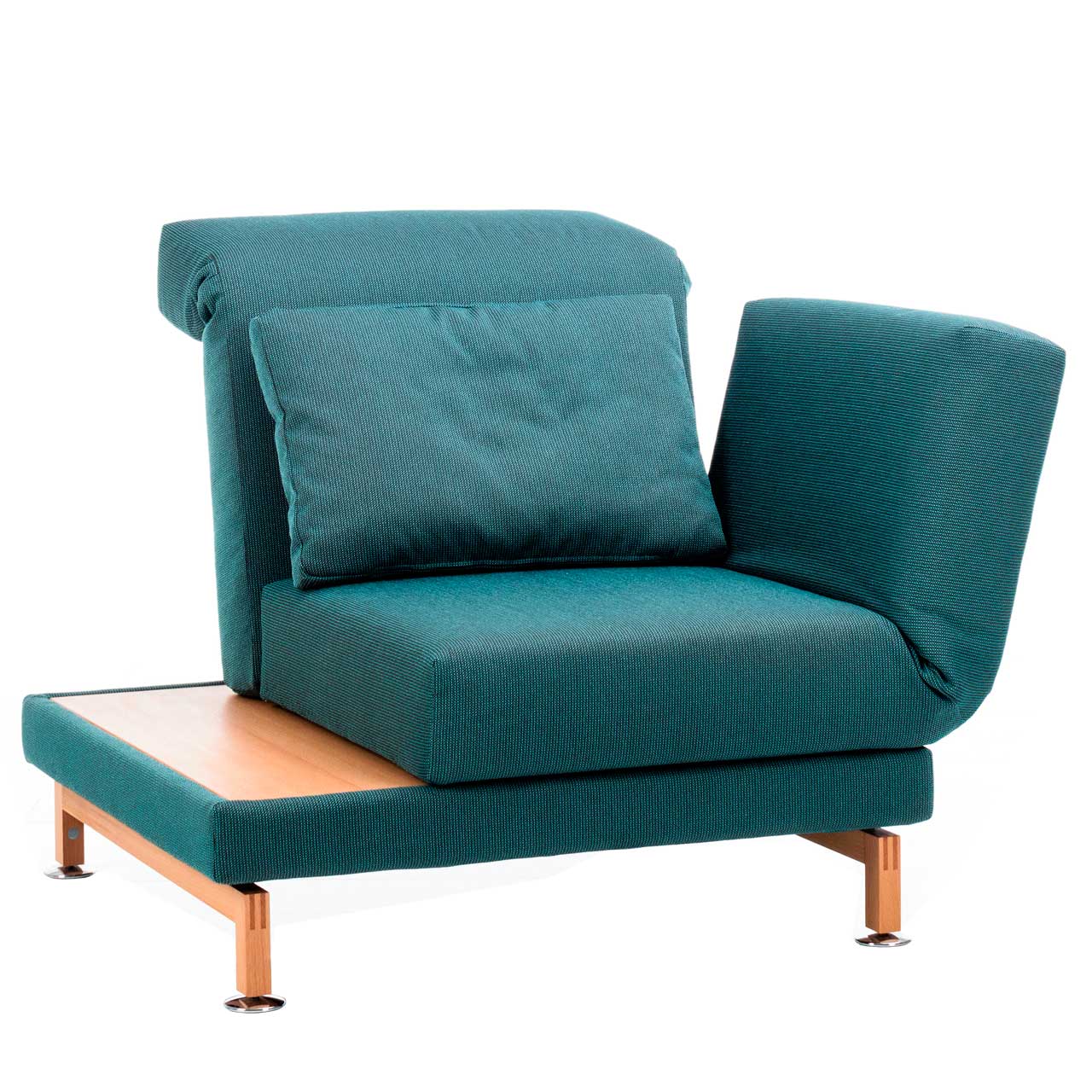 Drehsessel in grünem Stoff mit Armlehne rechts und Ablagefläche aus hellem Holz links.