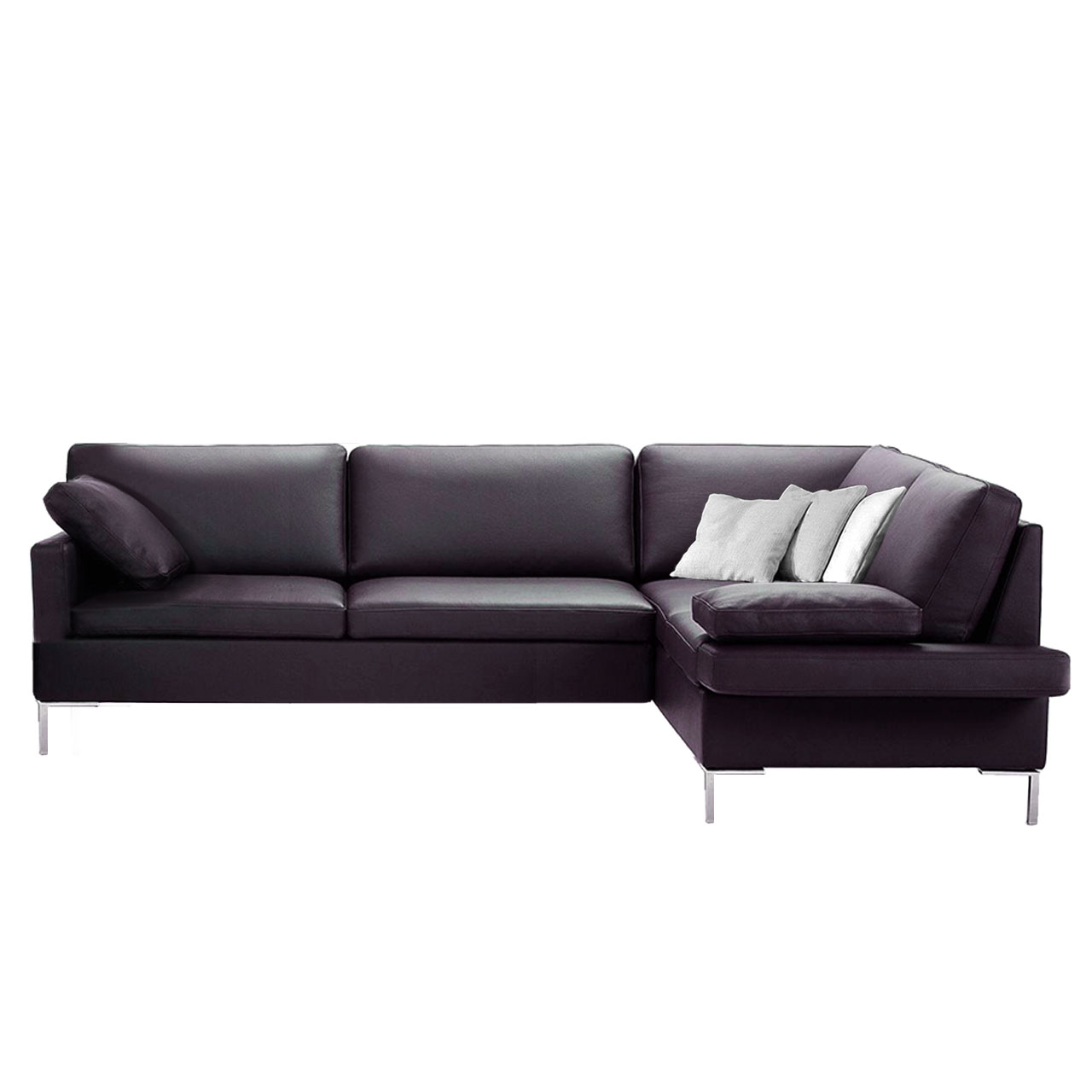 Schwarze Ledergarnitur aus Anstellsofa links und Eckanbausofa rechts.