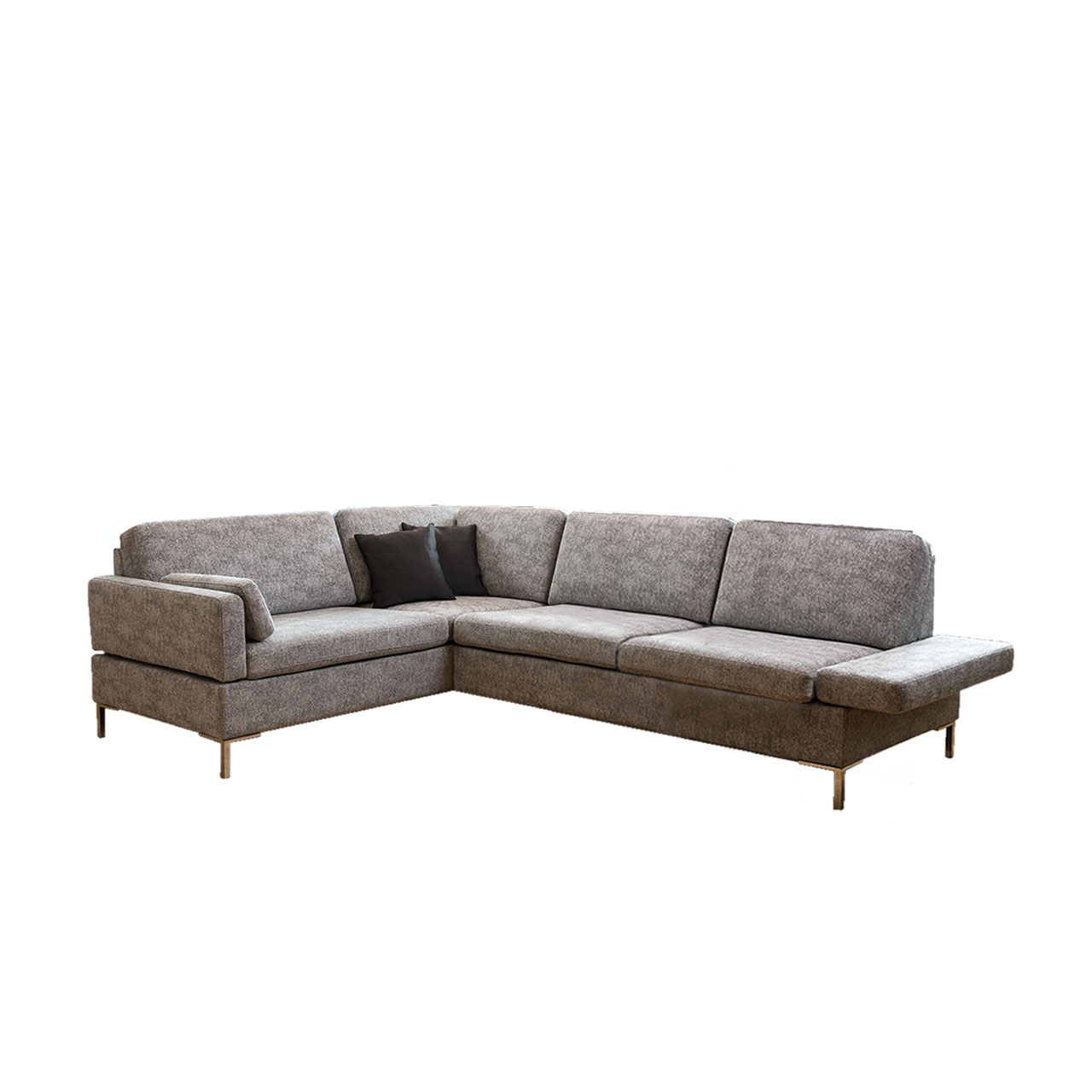 Braune Eckgarnitur mit Anstellsofa rechts und Eckanbausofa links.