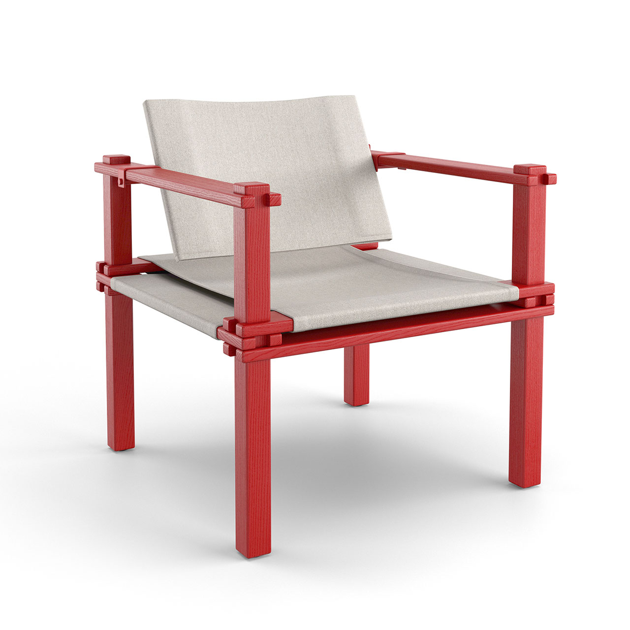 Stuhl mit rotem Holzgestell und beigem Stoff-Sitz