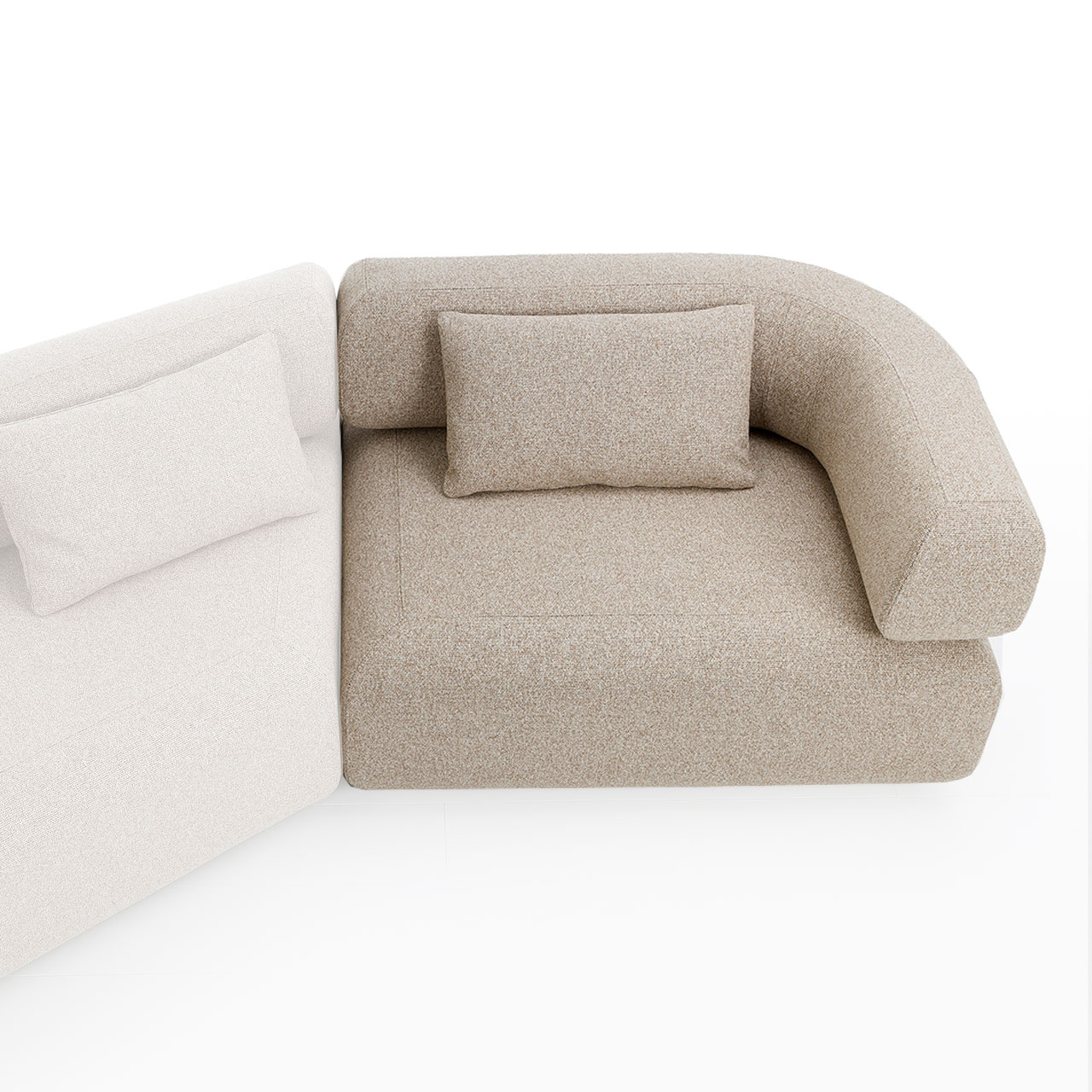 Beiges Eckelement mit Armlehne rechts und Kissen.