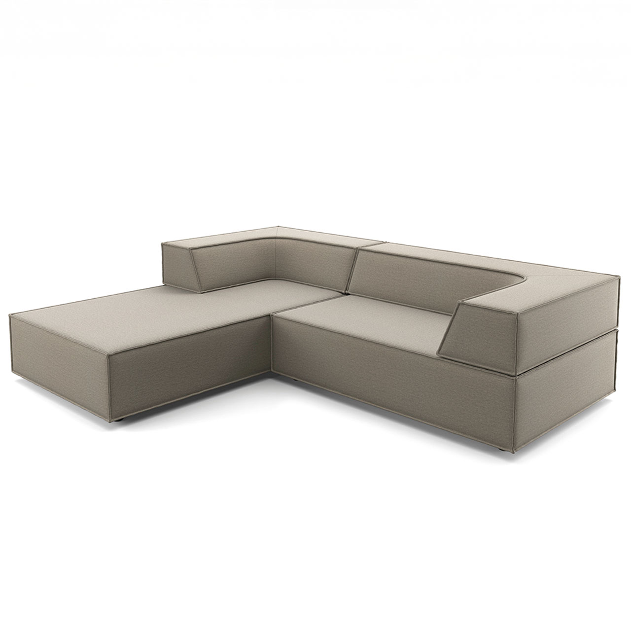 Polsterecke aus grauem Stoff: Das längere Element mit kurzer Rückenlehne links als Ottomane, rechts kürzeres Element mit längerer Rückenlehne als Sitzfläche.