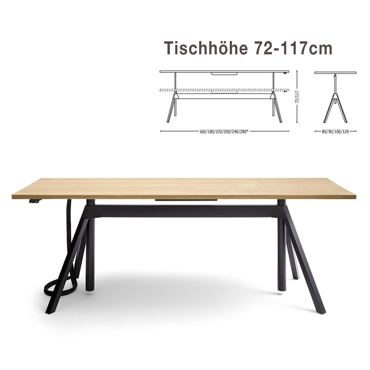 Tisch mit Tischplatte aus hellem Furnierholz und schwarzem Gestell, schwarzes Kabel für Stromversorgung