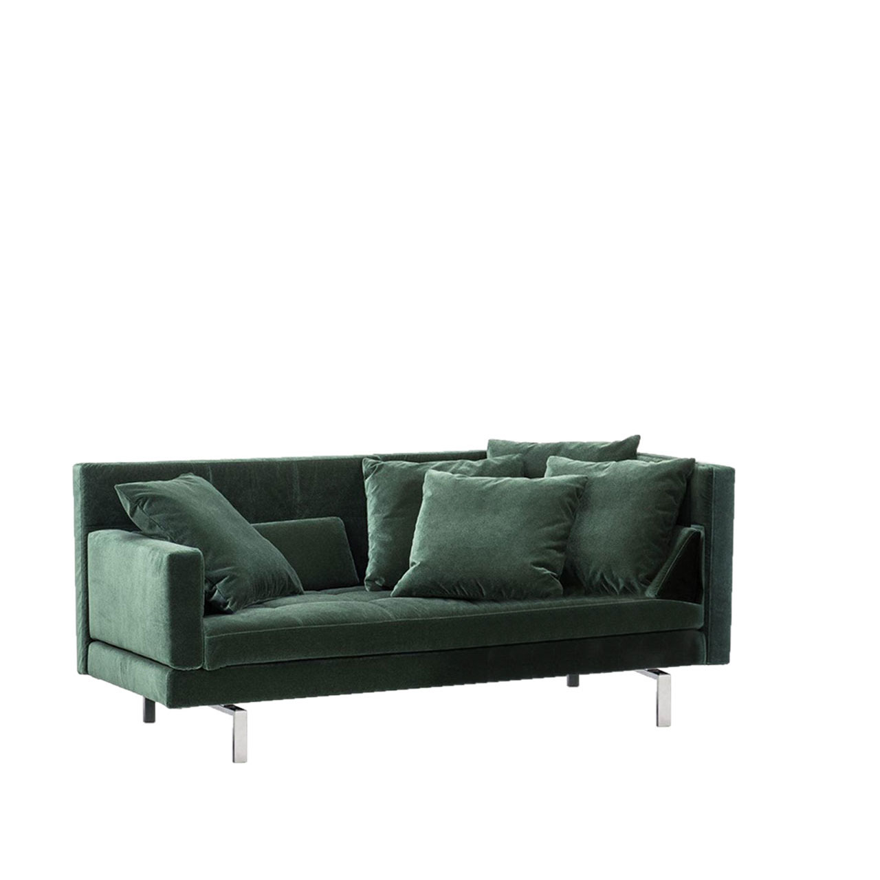 Grünes Eckanbausofa mit schmaler Armlehne auf der rechten Seite.
