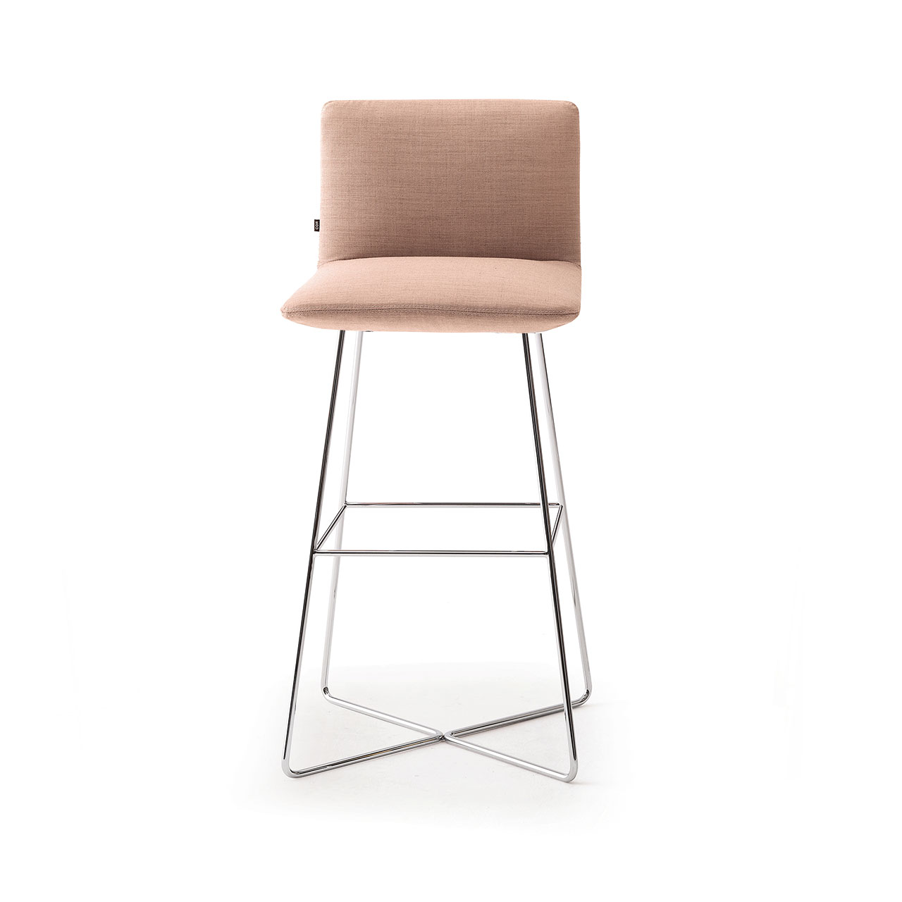 Barhocker auf schwarzem Drahtgestell mit Sitz mit Rückenlehne aus rosa Stoff