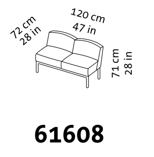 Maßzeichnung eines zweisitzigen Sofas ohne Armlehnen.