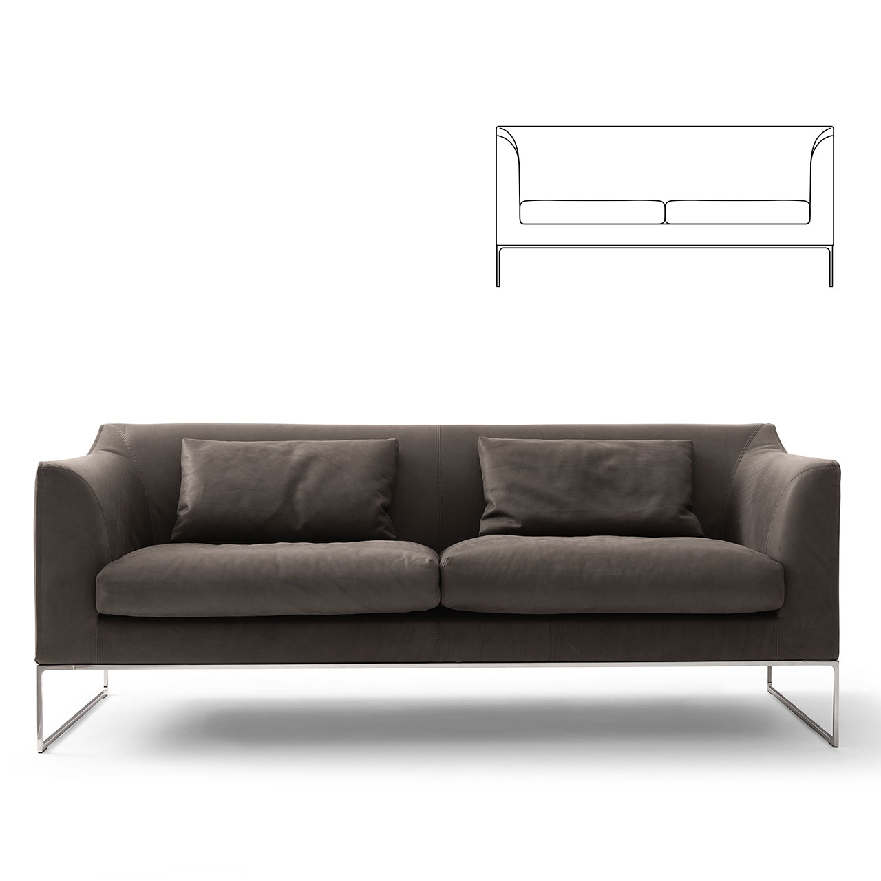 Sofa auf Chromkufen mit grauem Bezug und zwei zusätzlichen Lendenkissen