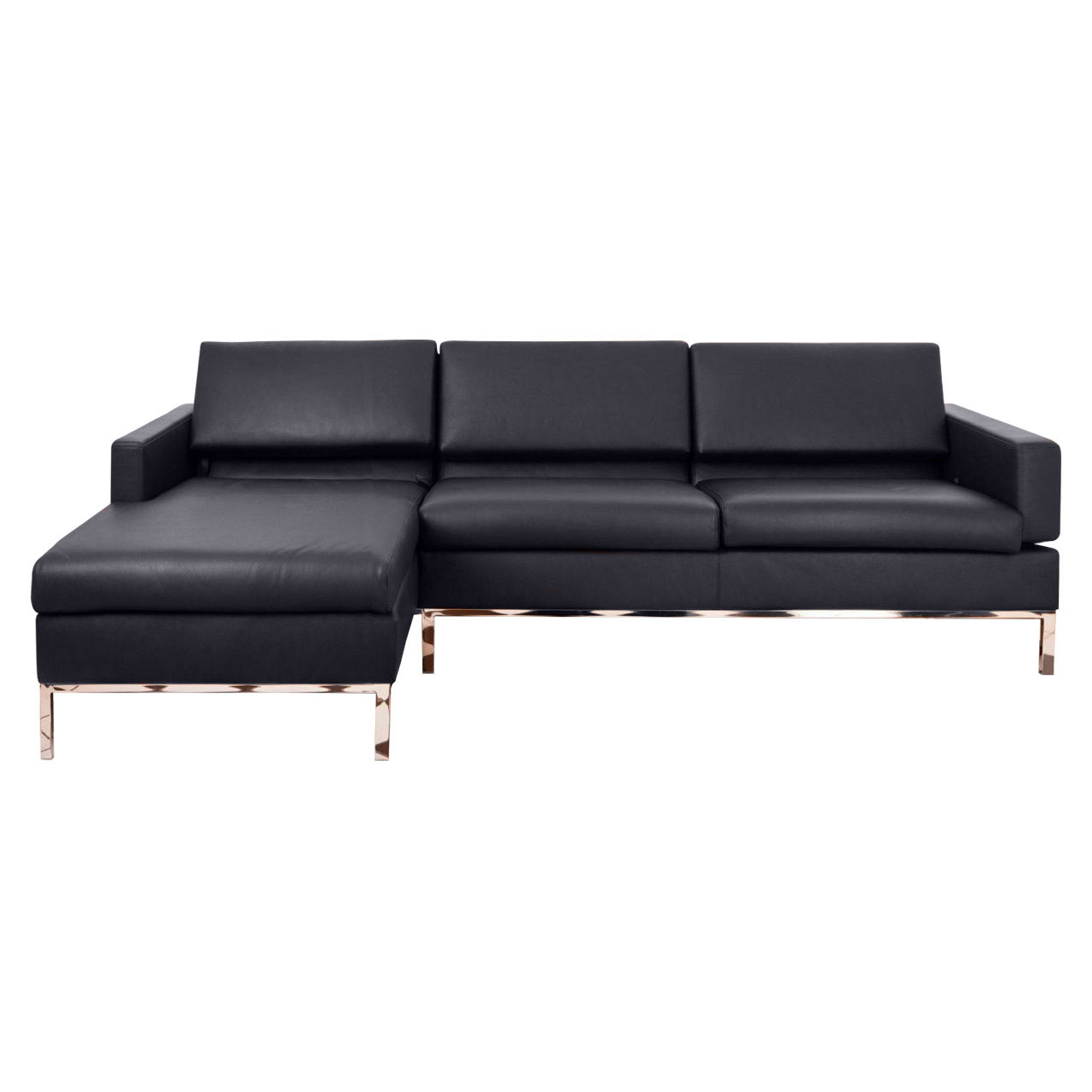 Schwarze Ledergarnitur mit Longchair links und Anstellsofa rechts.