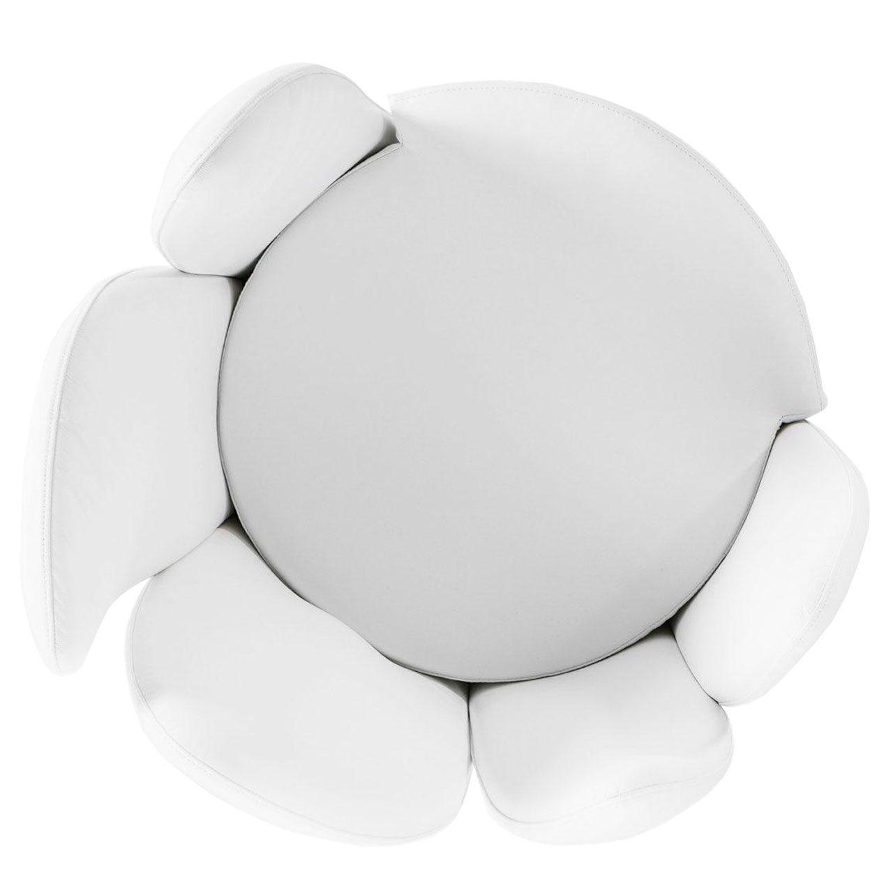 Blick von oben auf einen Sessel mit runder Sitzbasis in weißem Leder. Der Rücken besteht aus fünf einzelnen Segmenten.
