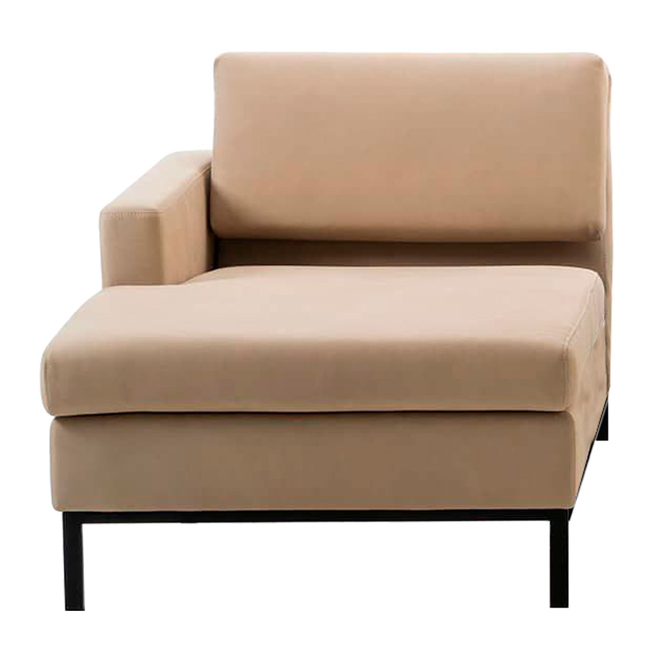 Longchair in beigem Leder mit Armlehne rechts.