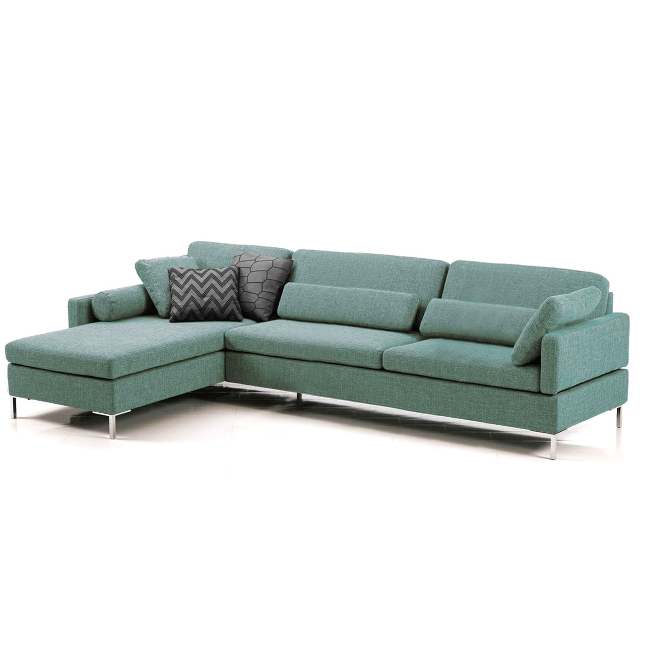 Türkise Eckgarnitur mit Longchair links und Anstellsofa rechts.