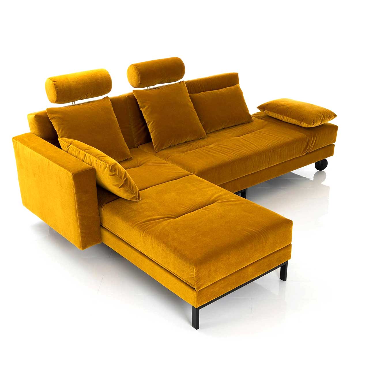 Eckgarnitur in gelbem Stoff mit schwenkbarem Longchair rechts.