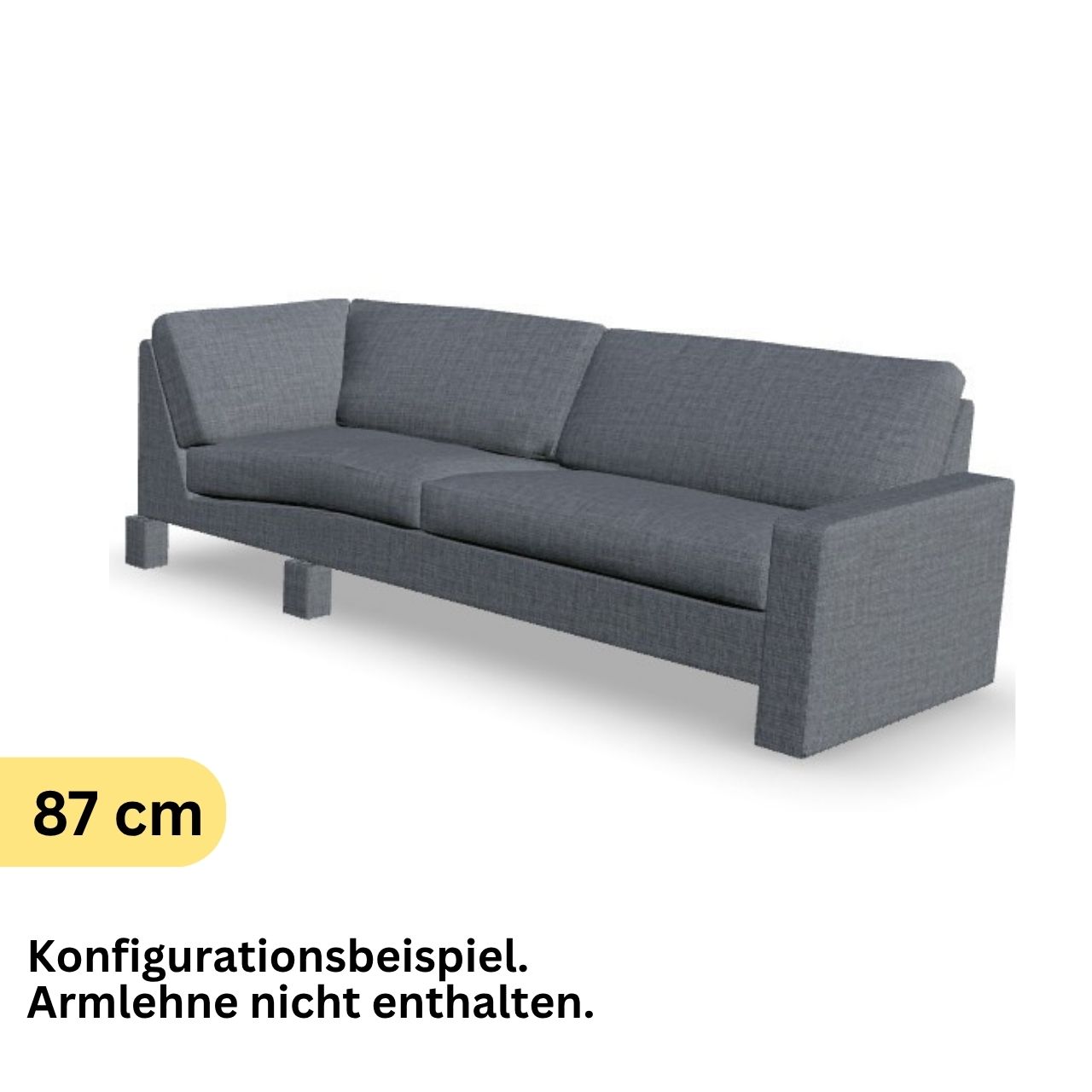 Eckabschlusselement mit Ecke links in grauem Stoff.