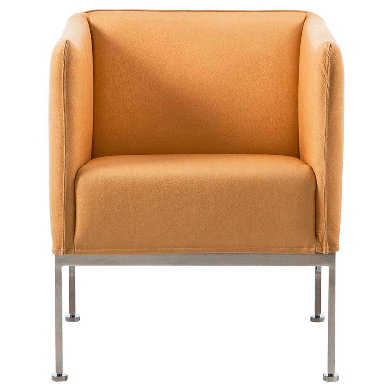 Sessel in gelben Leder, Untergestell chrom glänzend.