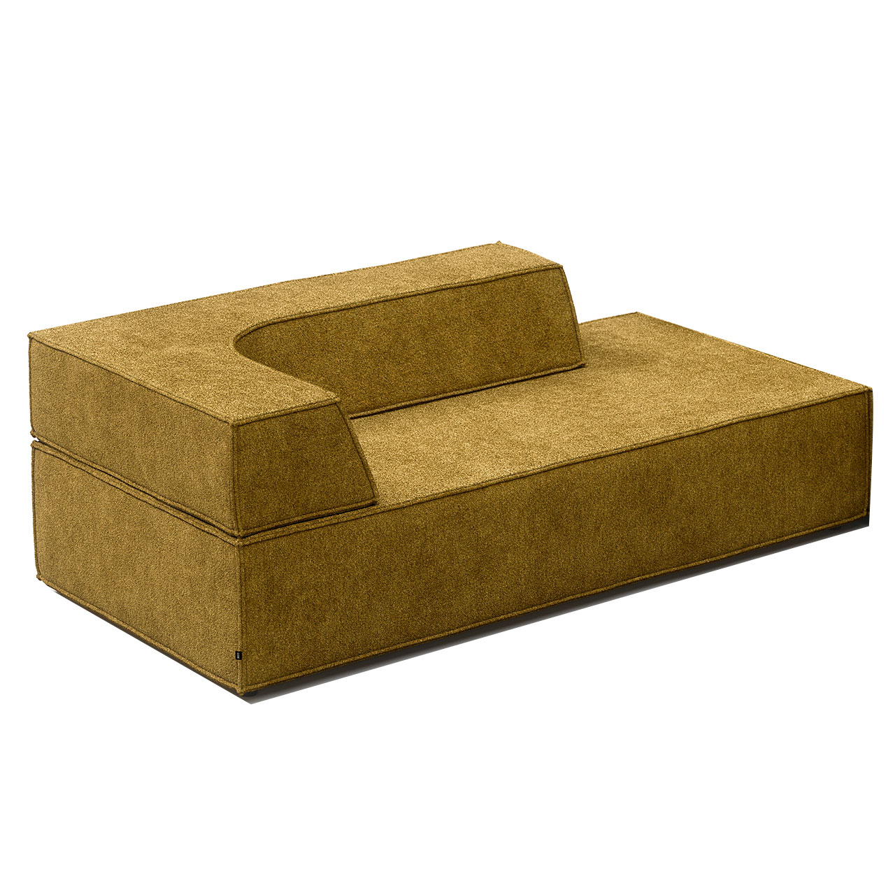 Kombination aus Sitzelement 200 cm mit Eckrücken rechts 150 cm in gelbem Stoff