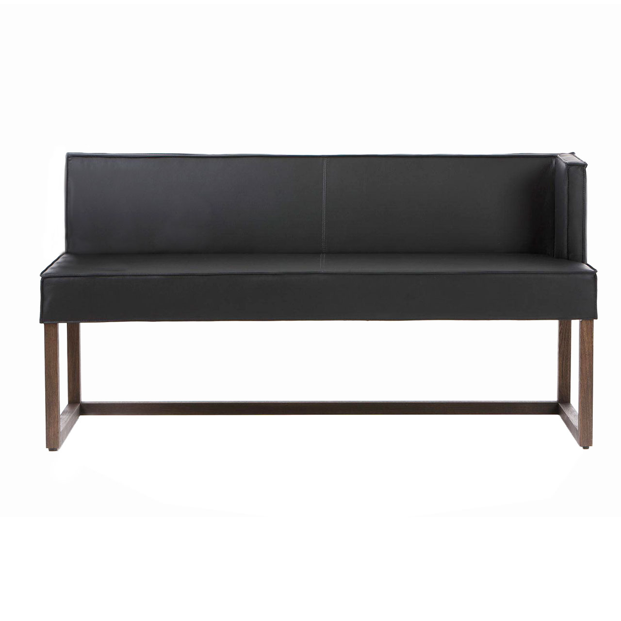 Schwarze Leder-Polsterbank mit niedriger, kurzen Seite rechts und niedriger Rückenlehne. 