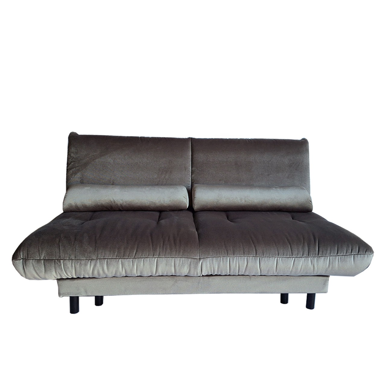 Schlafsofa in grauem Velourstoff mit zwei schmalen Kissen.