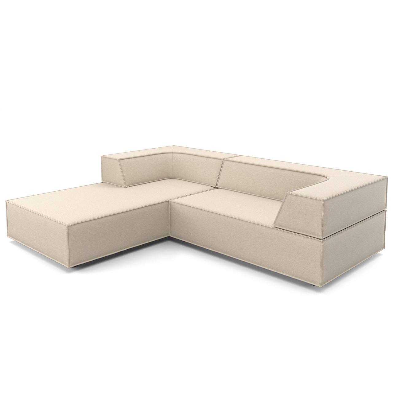 Polsterecke aus hellem Stoff: Das längere Element mit kurzer Rückenlehne links als Ottomane, rechts kürzeres Element mit längerer Rückenlehne als Sitzfläche.