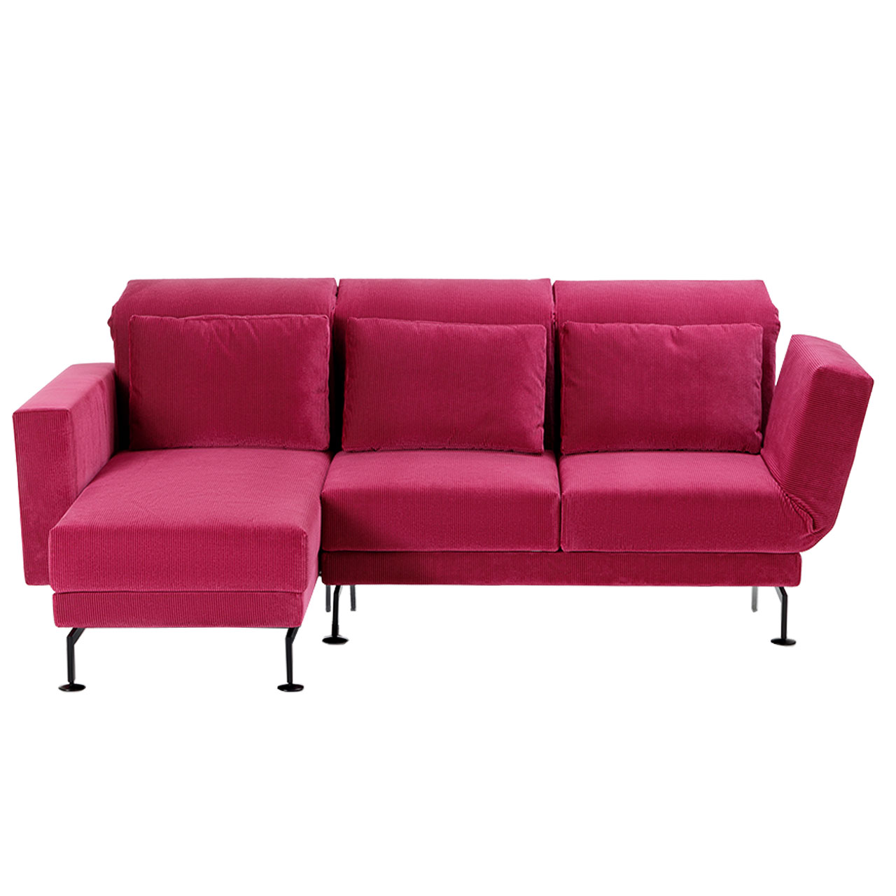 Brombeerfarbene Garnitur bestehend aus Longchair links und Anstellsofa rechts.